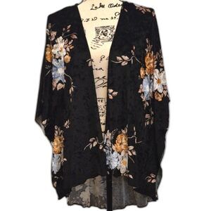 Polly & Esther Velvet Floral Kimono Cardigan Black Velvet Short Flowy Sleeves